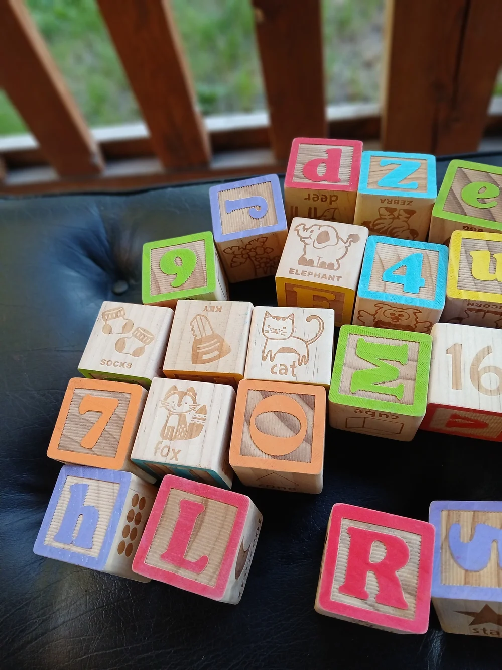 Colorful Wooden Alphabet & Number Blocks - Pink, Blue, Yellow, Green